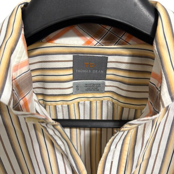 Thomas Dean Mens XL/TG Button Down Shirt Taupe Striped Flip Cuffs - Picture 5 of 6